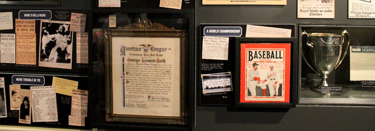 Memorabilia commemorating baseball player Babe Ruth at the Baseball Hall of Fame. 