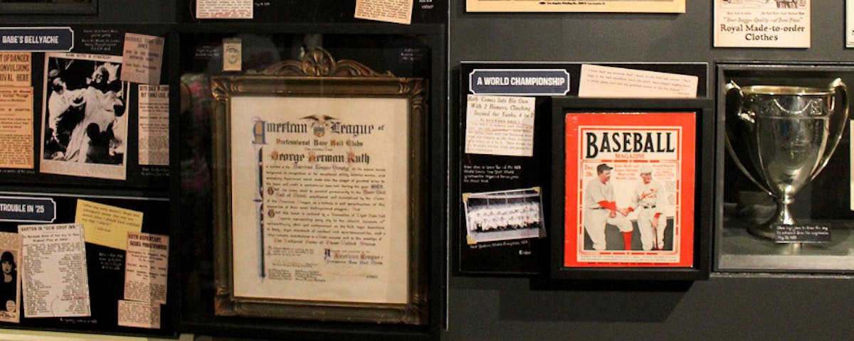 Memorabilia commemorating baseball player Babe Ruth at the Baseball Hall of Fame.