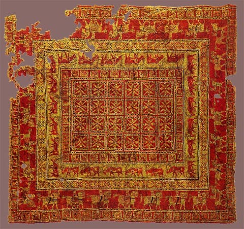 The world's oldest known pile carpet was found in the largest of the Pazyryk burial mounds. It's exhibited in the Hermitage Museum Saint Petersburg. (Public Domain)