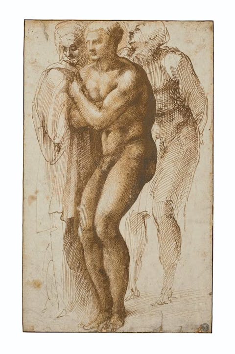 Michelangelo Buonarrotti (Caprese 1475-1564 Rome), A nude man (after Masaccio) and two figures behind him