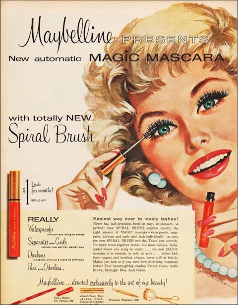 Maybelline presenting new “magic mascara” in a 1950s vintage makeup ad