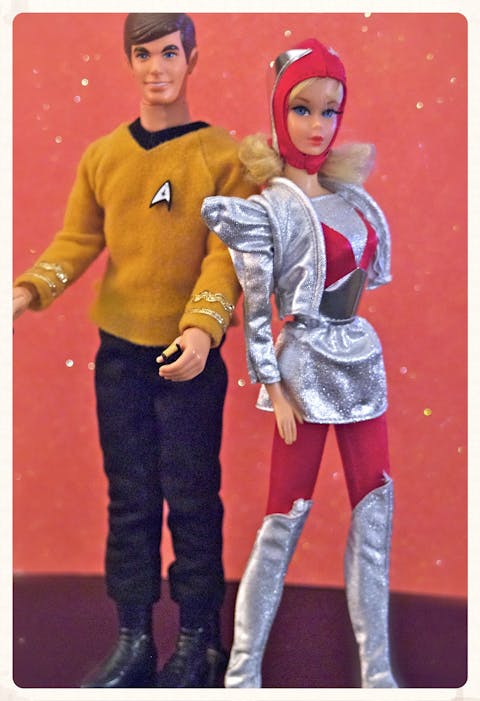 Talking Ken and Barbie as Captain Kirk and Barbarella, vintage Barbie doll.