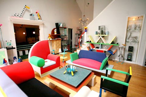 Room view of part of a Memphis-Milano design collection, furniture designed by Ettore Sottsass.