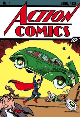  Cover of Action Comics 1 (Jun 1938 DC Comics), art by Joe Shuster, art, and Jack Adler, color