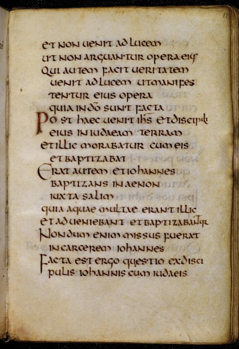Page fom medieval manuscript, St Cuthbert Gospel, medieval illumination