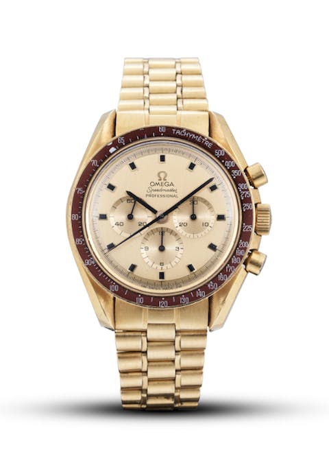 Omega Speedmaster Apollo XI 1969, Ref.BA145.022, a vintage yellow gold chronograph wristwatch, circa 1969. Offered for sale in Hong Kong, Admiralty in December 2022