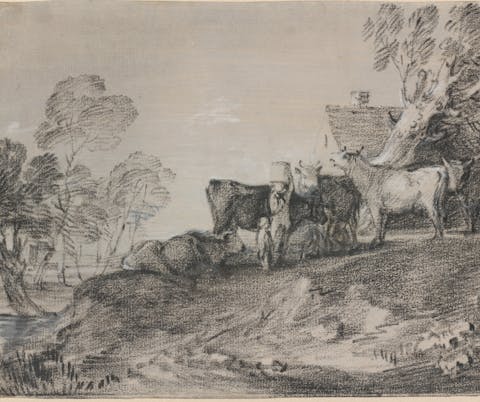 Thomas Gainsborough, Landschaft mit Rindern bei einer Hütte, Zeichnung, Alte Meister