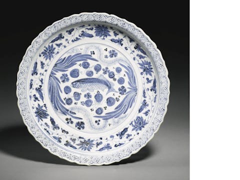 blue and white old chinese porcelain fish dish from yuan dynasty