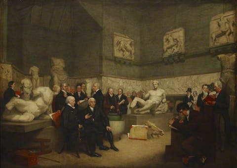 A portrait depicting the Parthenon Marbles in a temporary Elgin Room at the British Museum surrounded by museum staff, a trustee and visitors, 1819