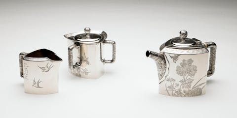 Silver and ivory tea set by Tiffany & Company. Left to right: creamer, sugar bowl, teapot, c. 1877
