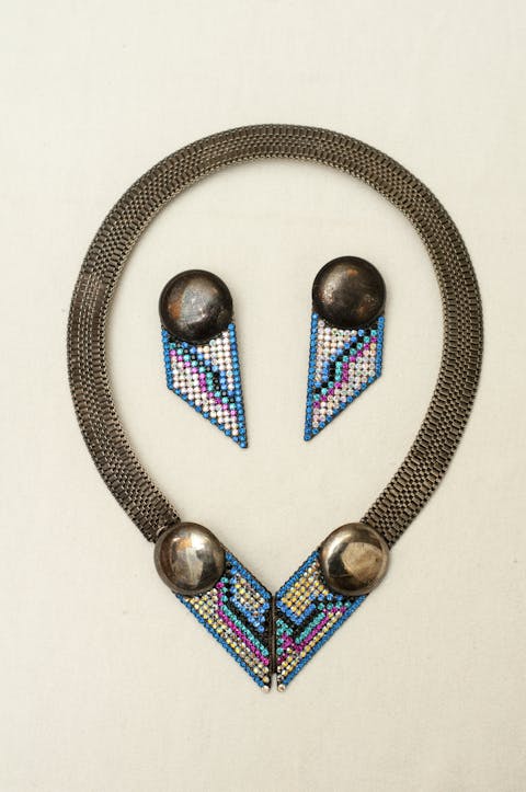 Art deco Sonia de Maria collar with the beautiful earrings in fuchsia and teal