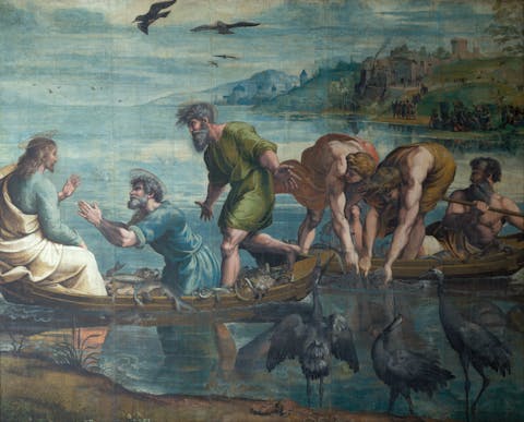 "The Miraculous Draught of Fishes" – one of the seven large cartoons by Raphael, "The Raphael Cartoons". (Public Domain)