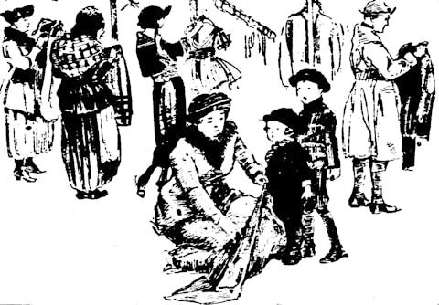 Sketch by Marguerite Martyn from 1920 of people looking over goods in a second-hand shop. (Public Domain)