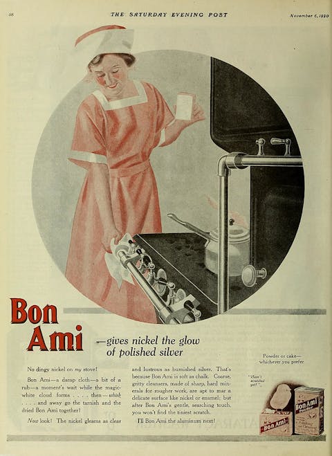 Advertisement for nickel tarnish remedy "Bon Ami", The Saturday evening post (1920