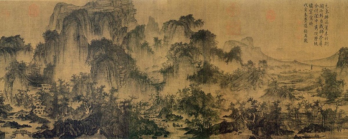 Li Cheng (Chinese: 李成; pinyin: Lǐ Chéng; Wade–Giles: Li Ch'eng; 919–967),Üppiger Wald zwischen fernen Gipfeln, Detail, China, 10. Jahrhundert, Liaoning Provincial Museum. Foto: Public Domain