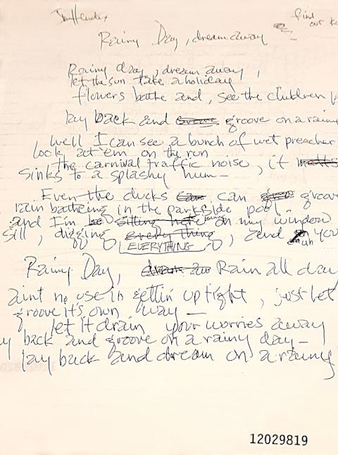 Jimi Hendrix' "Rainy day, Dream away" lyrics (Rock and Roll Hall of Fame, Cleveland, OH,  Image: Claude Humbert / License: CC BY-SA 4.0)