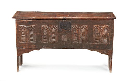 A rare Henry III oak boarded chest, with associated lid, circa 1520-40