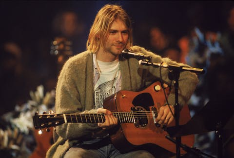 Kurt Cobain performs with his group Nirvana at a taping of the television program 'MTV Unplugged,' New York, New York, Novemeber 18, 1993. (Photo by Frank Micelotta/Getty Images)