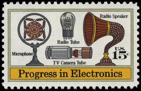 Microphone, Radio Tube, TV Camera Tube, Radio Speaker, science stamp, american stamp