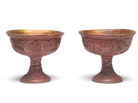 <img src="cinnabar stem cups.png" alt="a pair of chinese laquered stem cups from the ming dynasty">