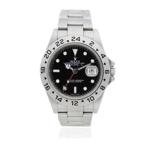 Rolex. A stainless steel automatic calendar bracelet watch with dual time zone, Model: Explorer II, Circa 2007, sold in November 2022 in  Bonhams for £6,375