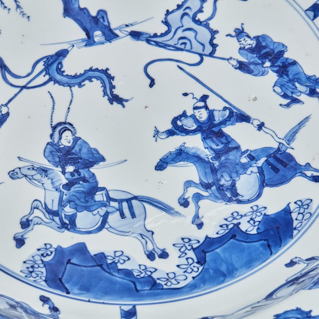 Chinese Blue and White Porcelain Plate warriors on horses