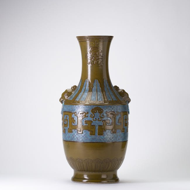 Chinese Porcelain Exceptionally Large Archaic Vase simulating bronze, tea dust enamel, robin's egg from the jiaqing period
