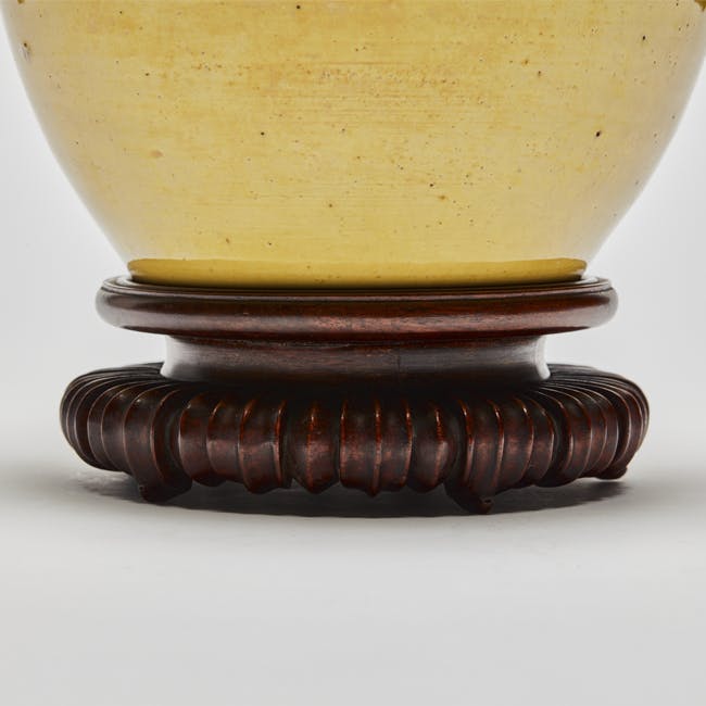 Chinese Enamel on Biscuit Coloured Porcelain Yellow Jar, wooden stand detail