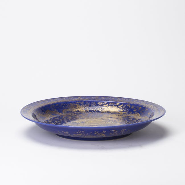 blue glazed porcelain dish with gold dragon 