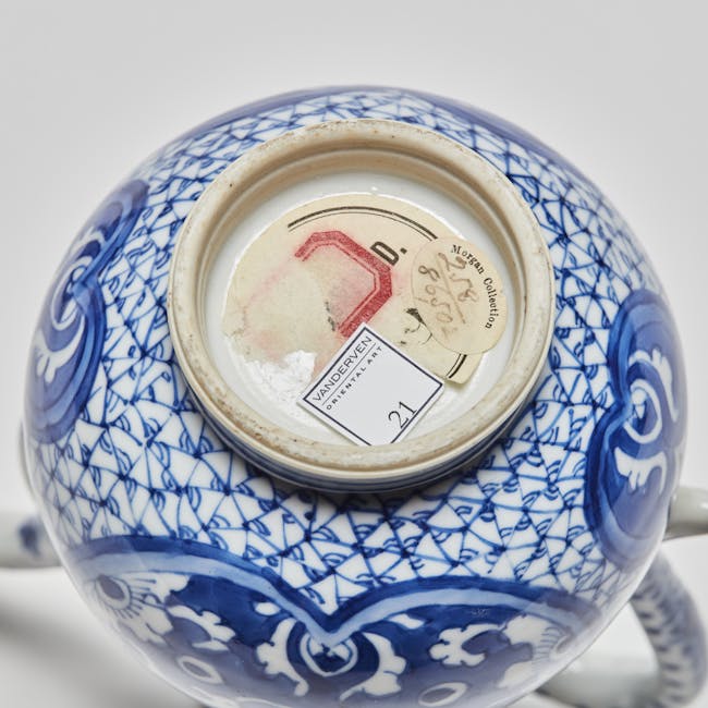 Chinese Blue and White Porcelain Pair of Ewers with JP Morgan and Garland collection labels underside