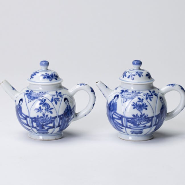 Chinese blue White Porcelain Pair of Tea Pots depicting lady in garden kangxi period side spout