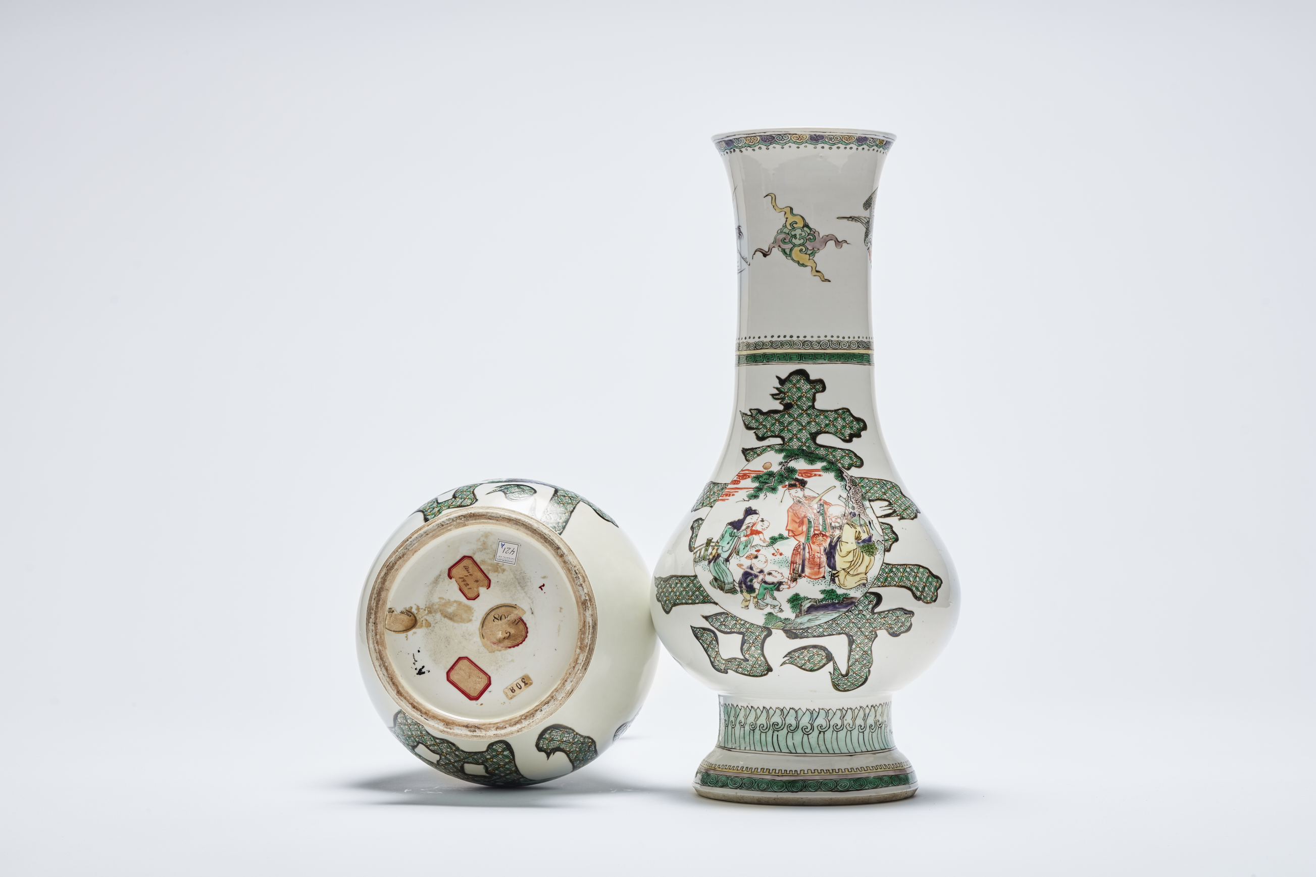 chinese famille verte porcelain auspicious vases from the Morgan and Garland collections underside labels