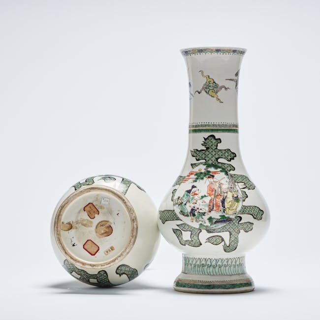 chinese famille verte porcelain auspicious vases from the Morgan and Garland collections underside labels