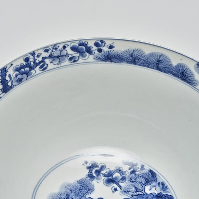 Chinese Blue and White Porcelain Bowl Three Friends of Winter detail rim in side