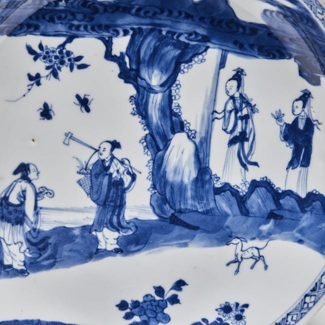 Chinese Blue and White Porcelain Pair of Plates detail scene
