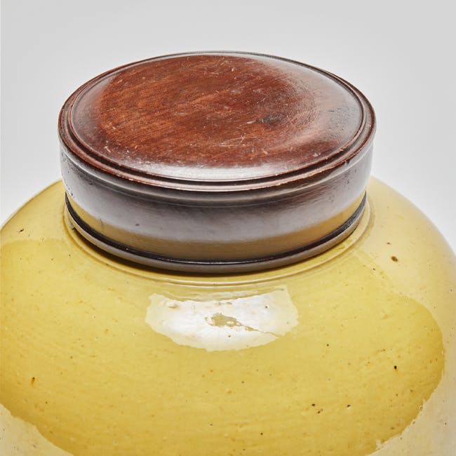 Chinese Enamel on Biscuit Coloured Porcelain Yellow Jar with Wooden Cover detail