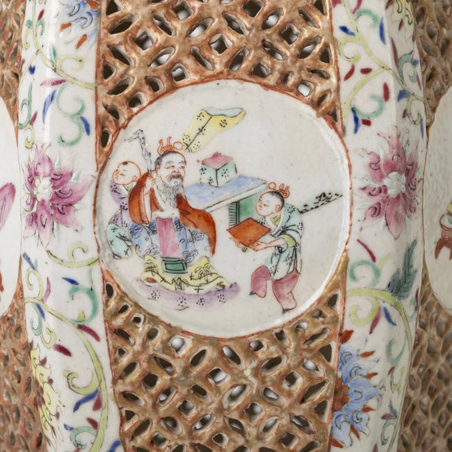Chinese 19th century porcelain pair of Ling Long Lanterns  detail figures