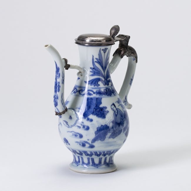 Chinese Blue and White Porcelain Ewer with Silver Cover