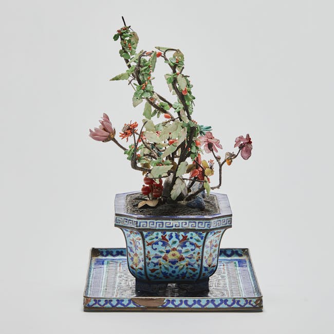 A Hardstone Embellished Miniature tree in a cloisonné enamel Jardiniere on a tray