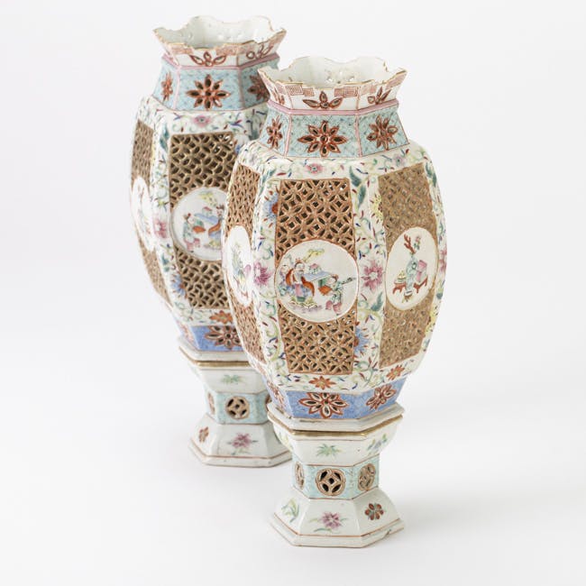 Chinese 19th century porcelain pair of Ling Long Lanterns Daoguang period