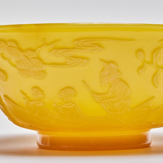 Chinese Works of Art Yellow Glass Bowl 19th century boat man boys detail