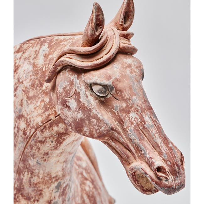 pottery saddled horse with red pigment head and manes detail