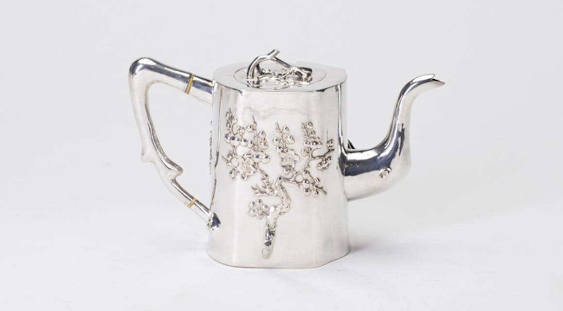 Chinese Export Silver Tree Trunk Tea Service plum blossom coffee pot