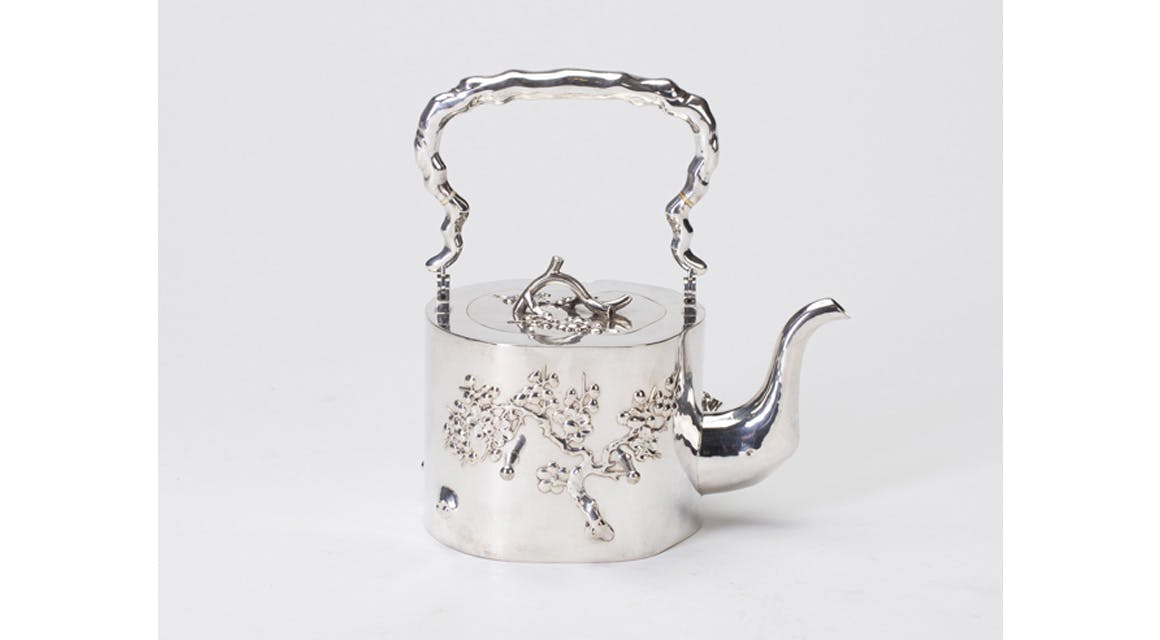 Chinese Export Silver Tree Trunk Tea Service plum blossom kettle