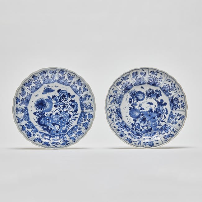 chinese blue and white porcelain pair of plates from Eumorfopoulos Collection label 