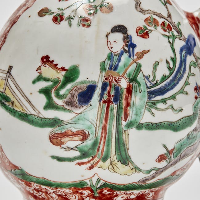 Chinese Famille Verte Porcelain Cadogan Ewer Peachtree, Phoenix and Queen Mother of the West Detail