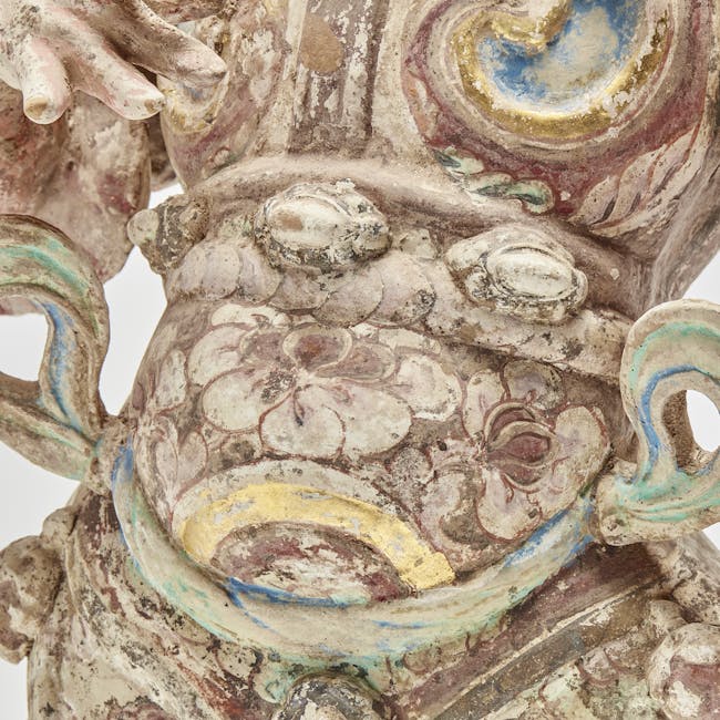 chinese pottery tomb guardian or Lokapala from the tang dynasty armour detail