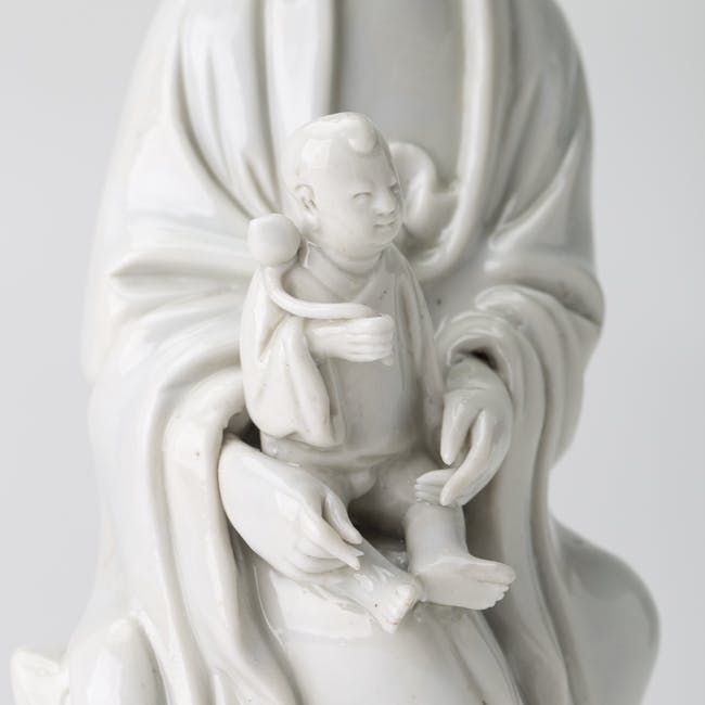 chinese blanc de chine porcelain guanyin with child detail