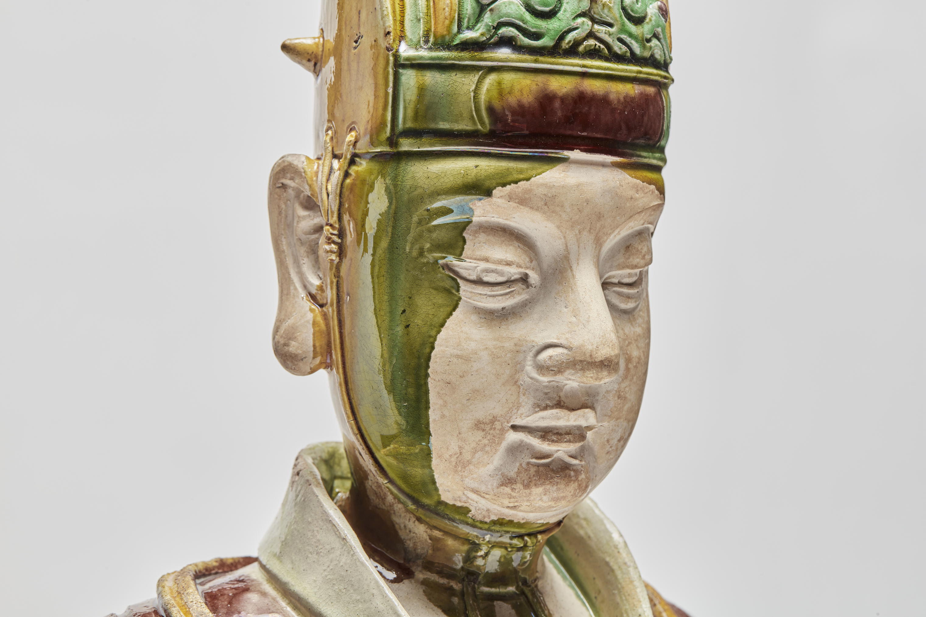 Chinese Glazed Pottery Figure of Celestial Official head detail