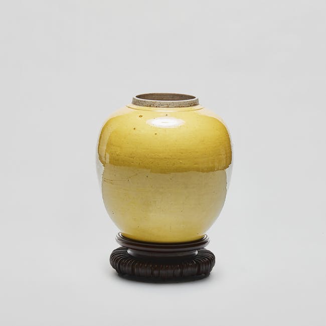 Chinese Enamel on Biscuit Coloured Porcelain Yellow Jar with wooden stand, without cover